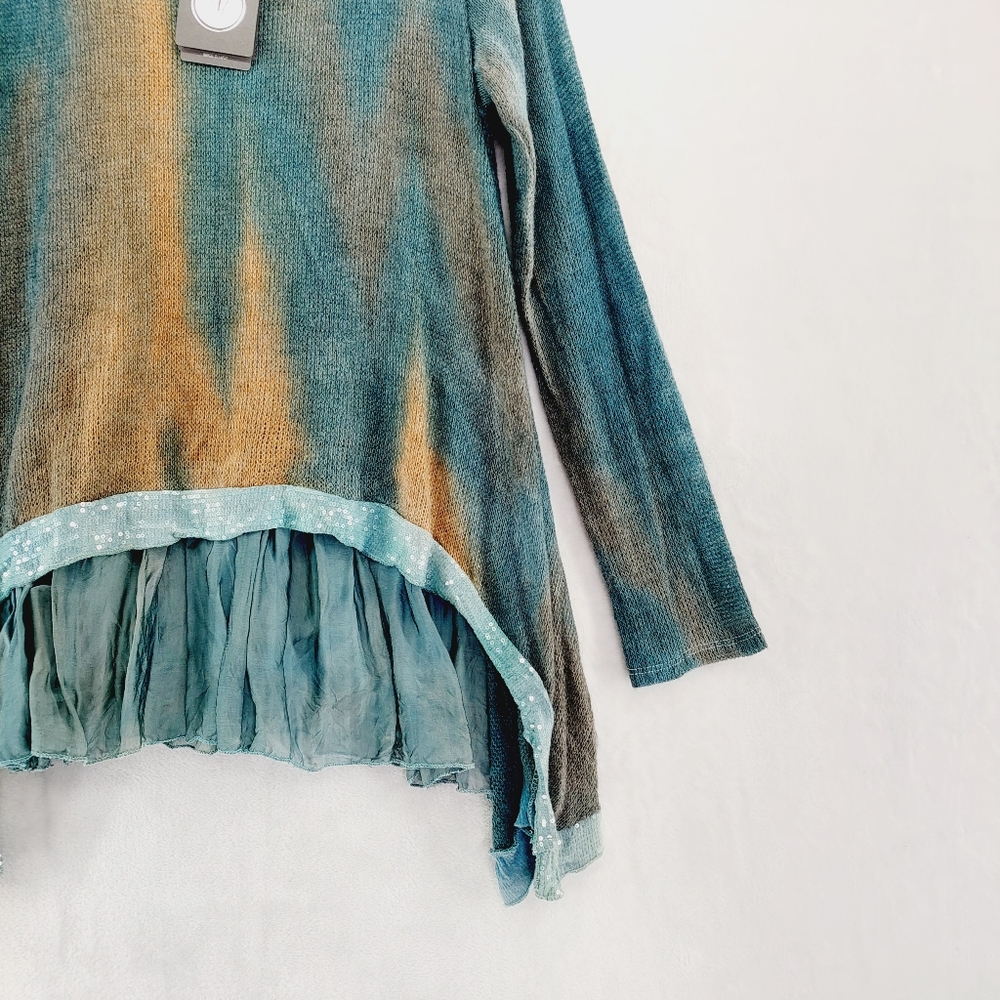 NWT Italian Knit Layered Tunic Scoop Neck Sequence Band Aqua Combo Top  Size L - Picture 3 of 8